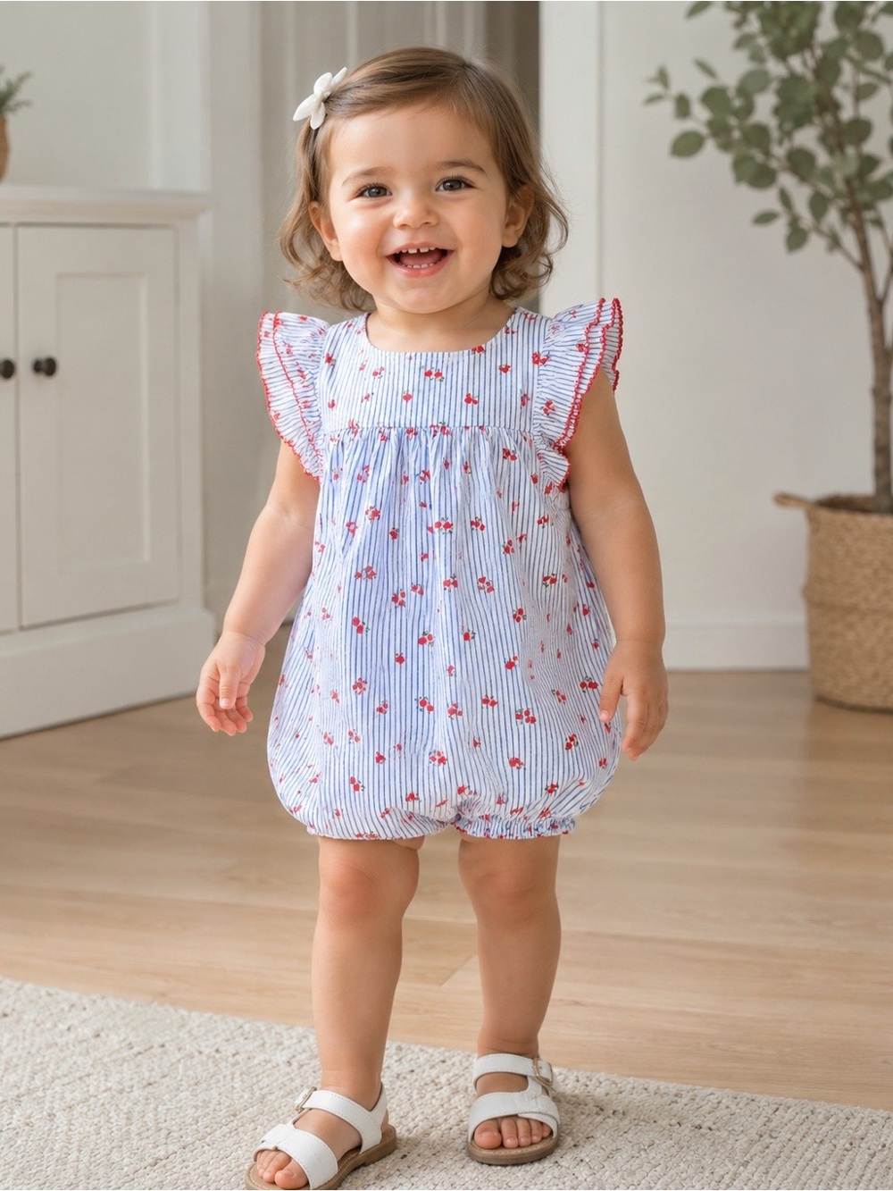 New Carter's Girls Romper Size 24 Months Blue/White Stripe Red Floral Ruffle